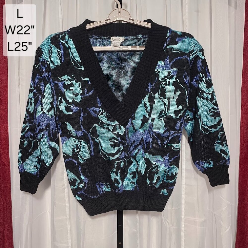 Vintage Segue Sweater Large Metallic Knit V-Neck Black Teal Purple 80s 90s Women